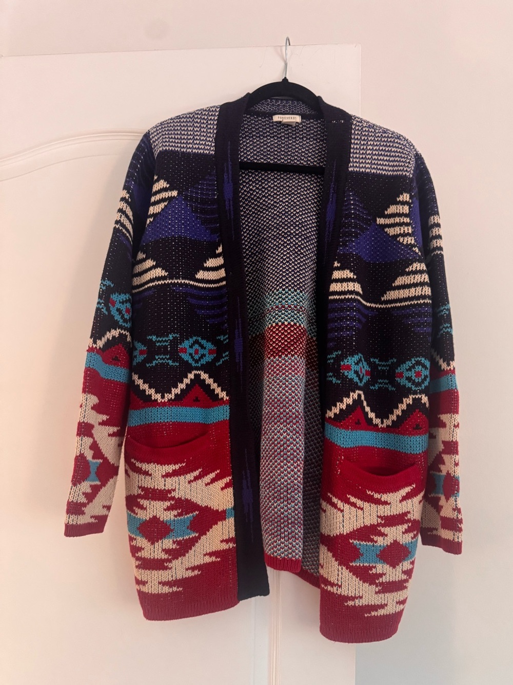 Forever 21 Aztec Open-Front Cardigan in Navy, Red & Teal